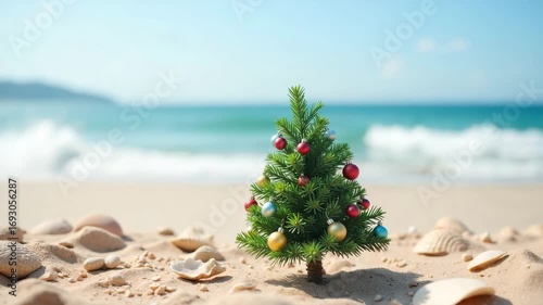 Miniature Christmas tree on sandy beach with ocean view and seashells scattered. Holiday scene features colorful ornaments on small tree surrounded by natural beach elements.