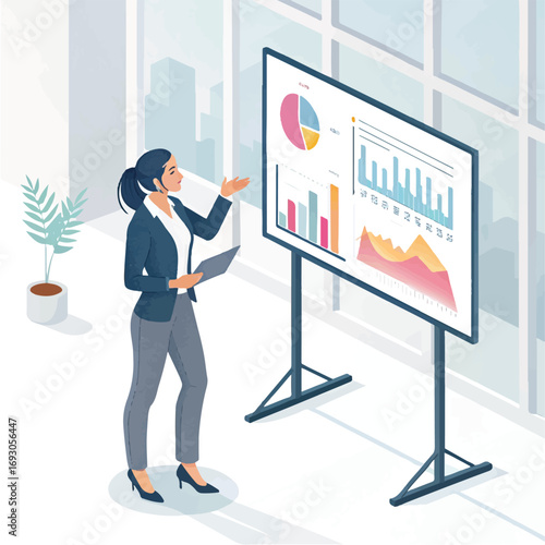 "Businesswoman Giving Presentation with Charts and Graphs – Vector Office Illustration"