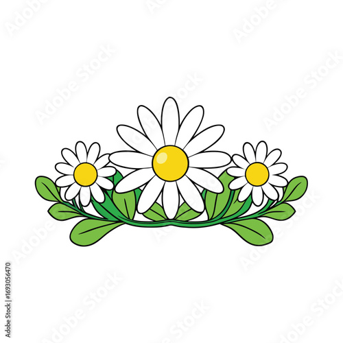 Delicate daisy chain crown with lush green leaves on a clean white background