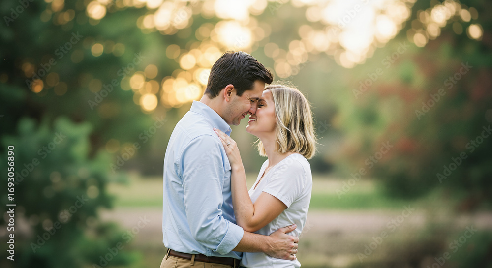 Fototapeta premium Young couple enjoying a romantic moment together in a sunlit park background