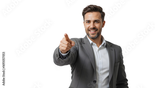 Smiling man in a suit pointing forward, isolated on transparent background