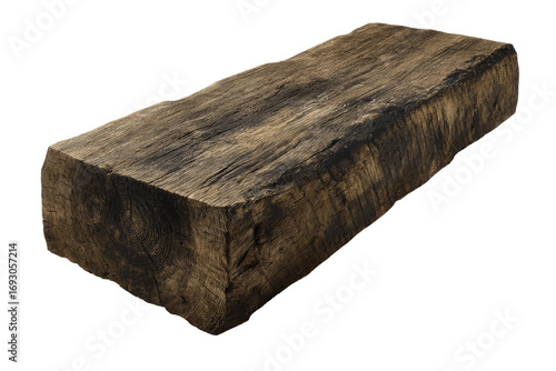 Old weathered wooden railroad tie beam isolated on white background.