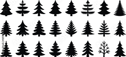 Black silhouette pine trees, variety of Christmas tree shapes, evergreen tree icons, winter holiday decorations, nature vector set, forest symbols
