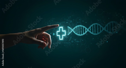Human Hand Interacting with Futuristic DNA and Medical Cross Hologram