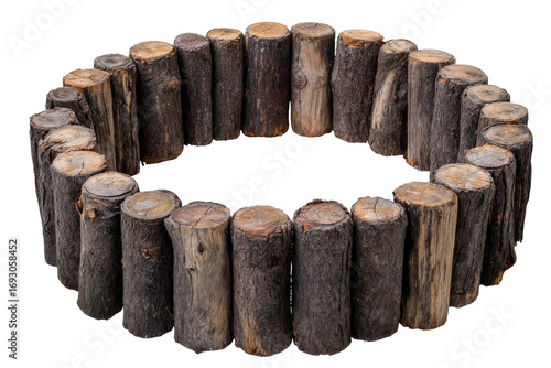 Rustic circular wooden log roll border for garden edging.