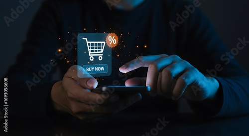 Online Shopping Experience: Hand Using Smartphone to Buy Now with Discount
