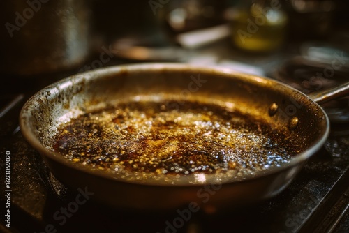 Fried Meal Residue: Used Oil in a Frying Pan on the Stove in a Busy Kitchen Setting