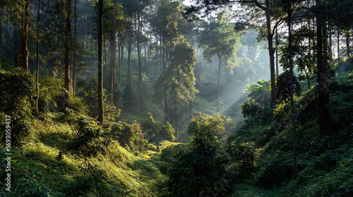 Sinar matahari mengalir melalui dedaunan hijau subur dengan lubang alami, menciptakan suasana hutan yang berbintik-bintik dan tenang yang sempurna untuk tema alam dan kesehatan