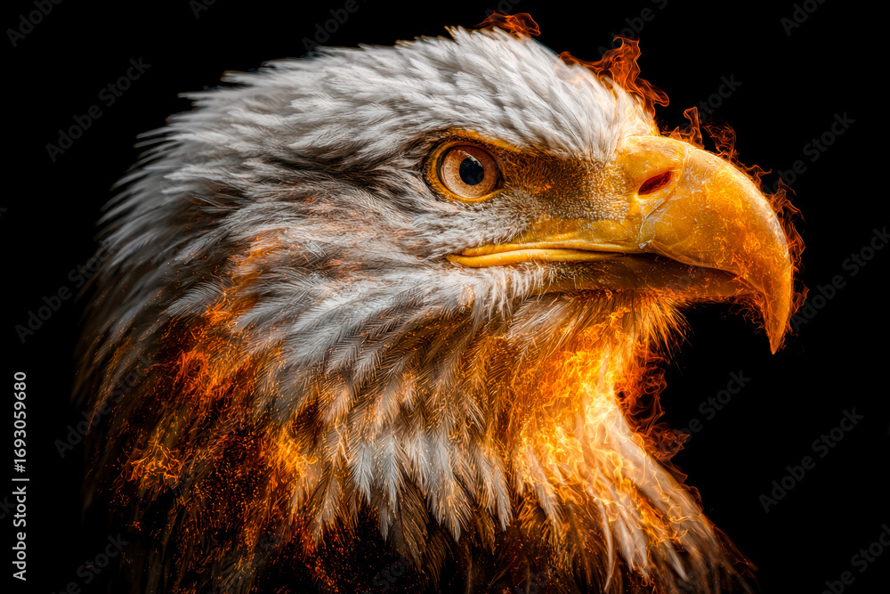 Fototapeta premium Fierce eagle with fiery feathers and intense gazeedback