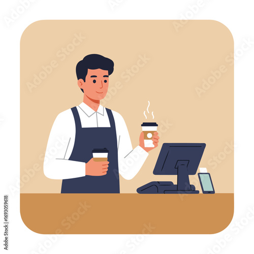 A friendly barista serving coffee at a cafe counter with a computer and payment terminal