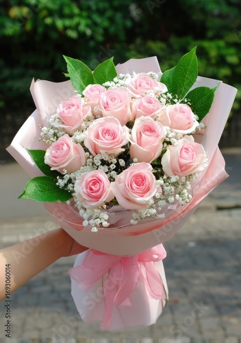 Wallpaper Mural A beautiful bouquet of delicate, pale pink roses, wrapped in pastel pink paper, creating a tender and lovely gift. Torontodigital.ca