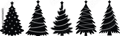 Decorated Christmas trees, Christmas tree silhouettes, festive holiday trees, black tree icons, ornaments and garlands, star-topped pine, vector clipart