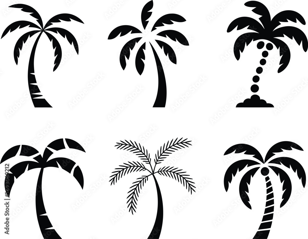 Fototapeta premium Collection of six stylized black silhouette palm trees on white background
