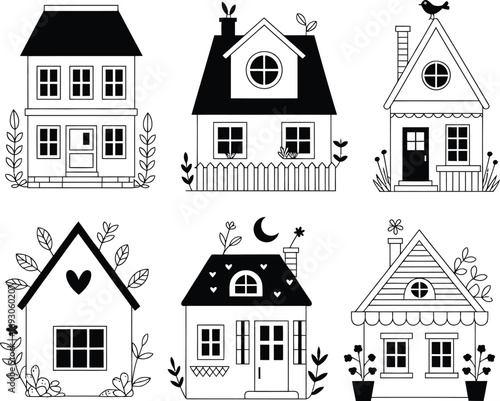 Collection of charming hand drawn houses with plants and bird illustration