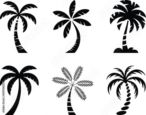 Collection of stylized black palm tree silhouettes on a white background