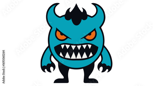 vector illustration of blue cartoon devil with angry face on white background