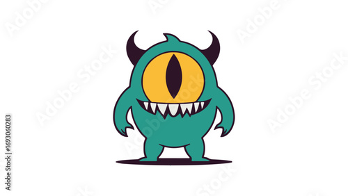 funny cartoon monster shape with one big yellow eye and horns on white background