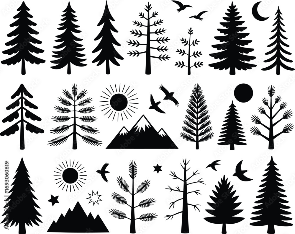 Obraz premium Collection of hand drawn forest trees mountains sun moon and birds