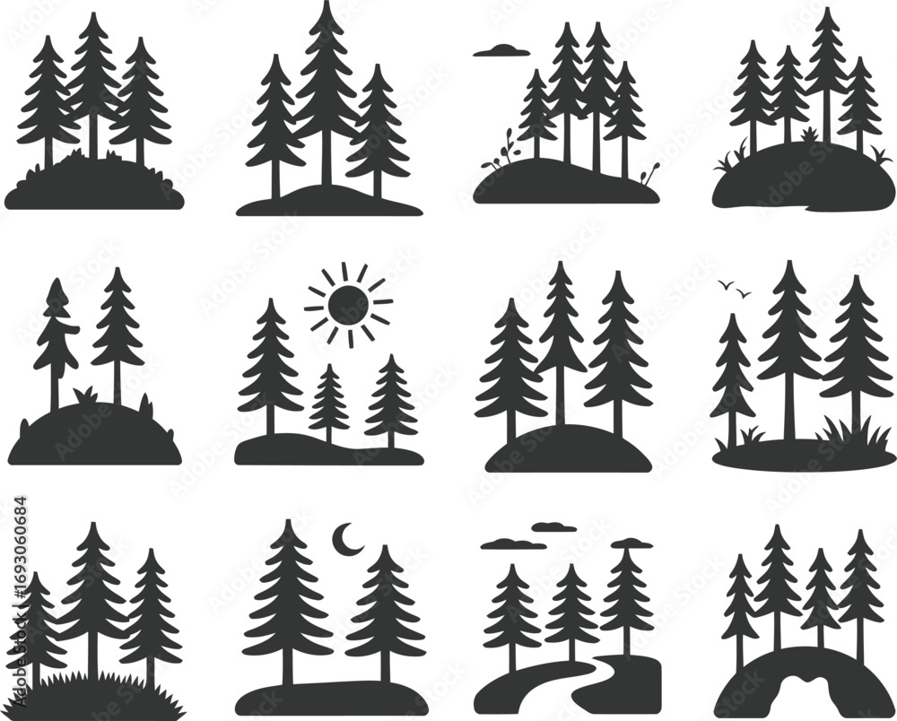 Obraz premium Collection of silhouette evergreen trees on islands and hills