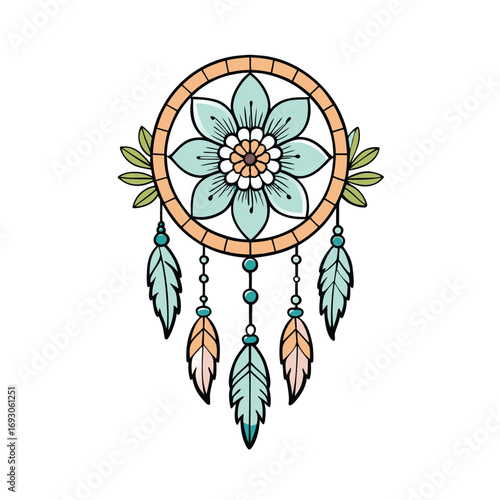 Elegant floral dreamcatcher design with delicate feathers on a white background