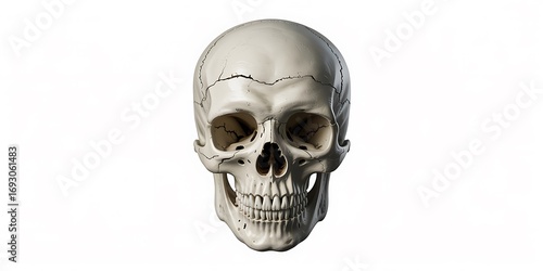 Striking cracked human skull front view, a stark symbol of mortality and the passage of time