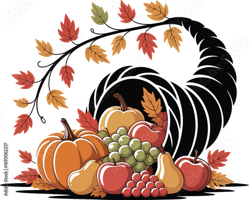 Colorful Cornucopia Silhouette Vector Illustration A vibrant harvest horn of plenty design. A symbol of autumn's bounty, filled with fruits and leaves, in a black outline.