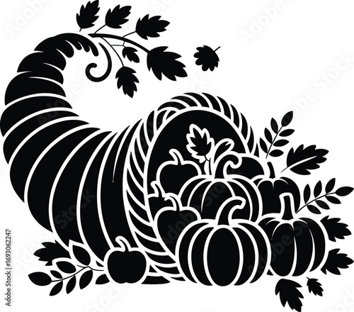 Cornucopia Silhouette Vector Illustration A bountiful harvest horn of plenty design in black. A symbol of abundance and autumn's gifts, perfect for seasonal designs.