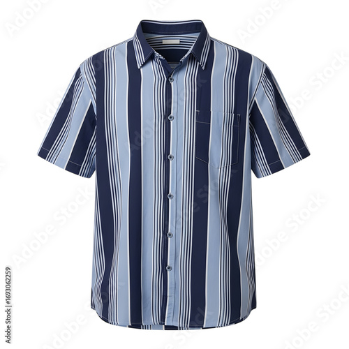 Blue and navy vertical stripe short sleeve shirt with pocket
