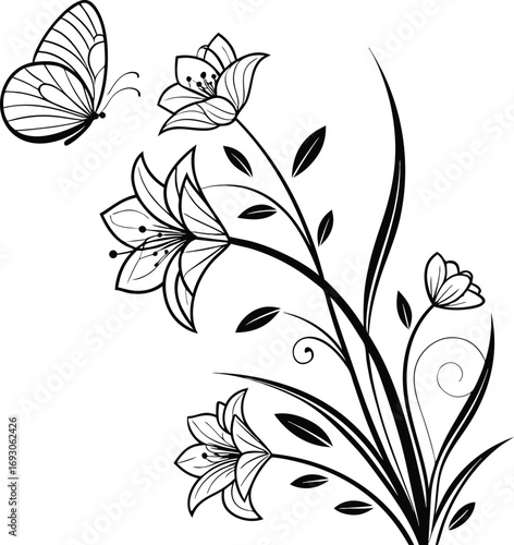 Minimalist abstract floral line art composition with modern geometric elements