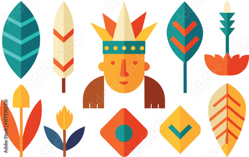 Indigenous peoples day icons collection featuring feathers and tribal motifs vector illustration