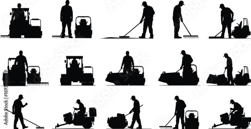 Construction workers silhouette with machinery, operating equipment, using tools, paving, raking, roadwork, industrial labor, heavy duty tasks, teamwork.