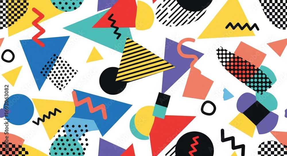 Obraz premium Vibrant retro memphis style geometric shapes pattern with bold colors and patterns