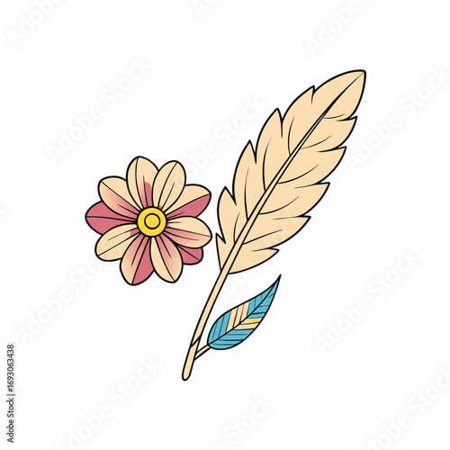 Soft floral design featuring a delicate flower and feather combination