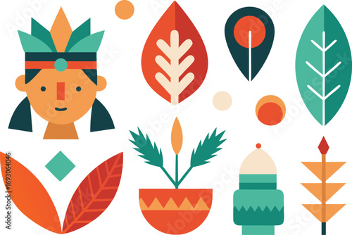 Indigenous peoples day icons collection vector illustration feathers native american culture