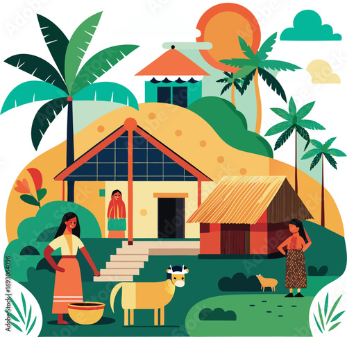 Rural Bangladeshi lifestyle depicting village homes farmers and cattle under sunny sky vector