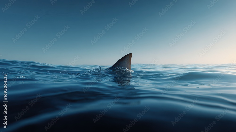 Fototapeta premium Three-Dimensional Shark Fin Breaking the Surface of Deep Blue Waters Under Bright Daylight