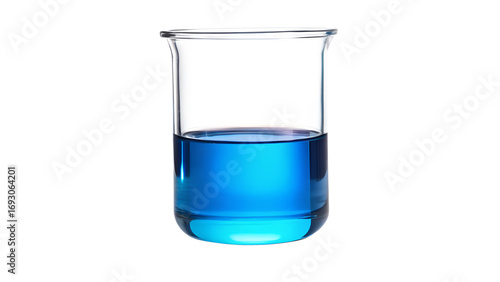 Laboratory beaker with blue liquid isolated on transparent background, showcasing scientific research and chemical analysis in a clear and concise manner