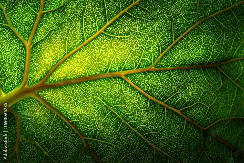 Obraz premium Close-up of a vibrant green leaf's intricate vein structure