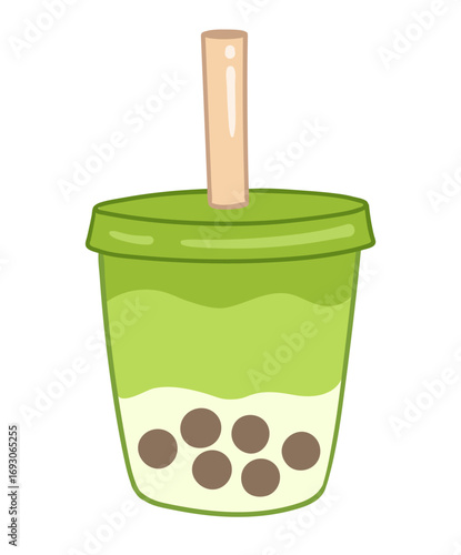 Vector illustration of matcha bubble tea with tapioca pearls in a plastic cup. Flat design, isolated.