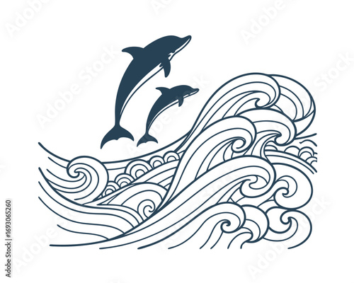 Vector illustration of playful dolphins jumping above ocean waves perfect for branding and designs related to marine life conservation efforts and education