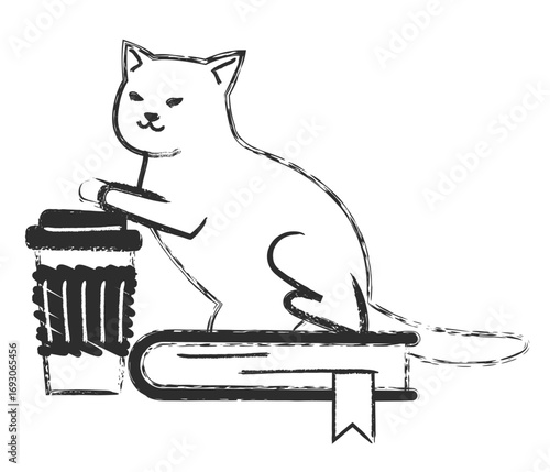 Cat with cup of coffee and book