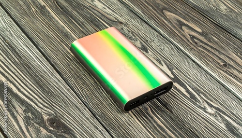 Colorful portable charger on wooden planks