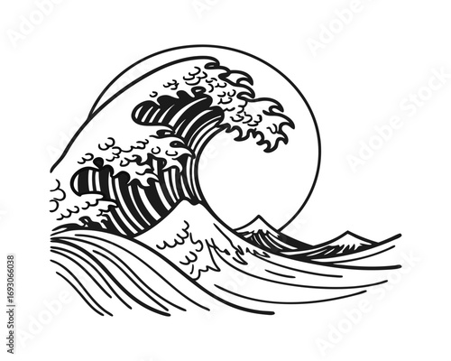 Stylized Great Wave Illustration Japanese Art Design Ocean Power Minimalist Aesthetics Black and White Artistic Expression Creative Print Graphic Element Decorative Motif