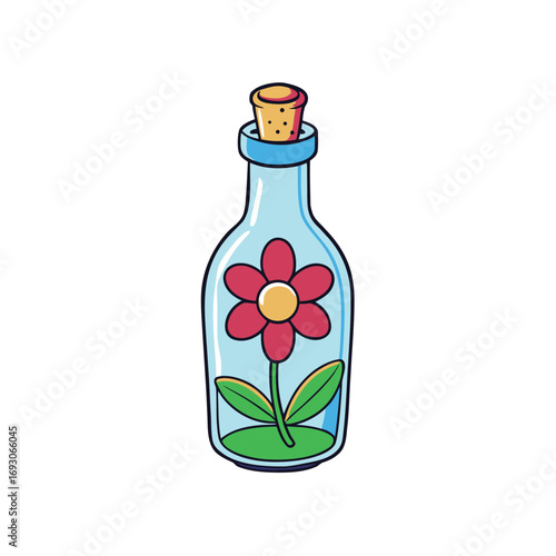 Elegant still life illustration of a vibrant flower in a clear glass bottle on a white background