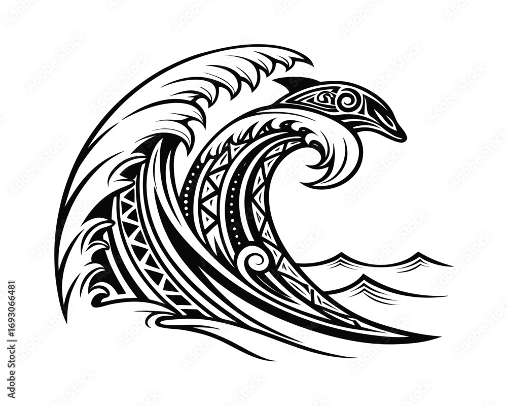 Fototapeta premium Intricate Tribal Wave Tattoo Design with Dolphin Detail Black and White Vector Illustration Graphic Artistic Ocean Art