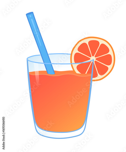Vector illustration of orange juice in a glass with straw and orange slice. Flat design, isolated