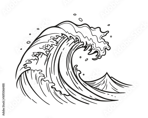 Line art drawing of a powerful ocean wave crashing with white background artistic marine illustration of sea movement and ocean power