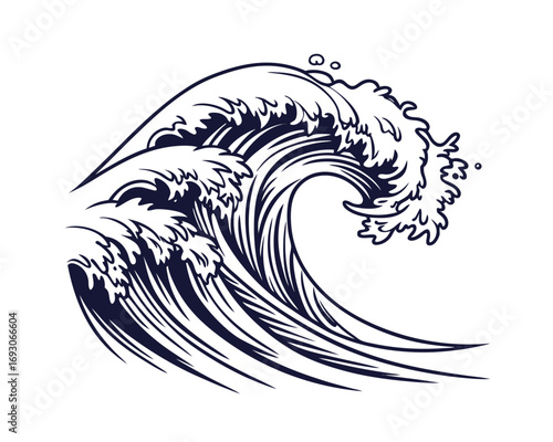 Dramatic Ocean Wave Vector Illustration with Powerful Energy and Crashing Water Creating Dynamic Movement on a White Background
