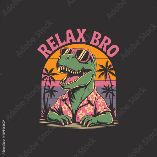 Relax bro dinosaur wearing sunglasses and hawaiian shirt at sunset tropical beach vibe vector