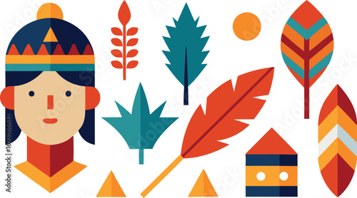 Indigenous peoples day collection vector icons festive feathers native american art scalable eps